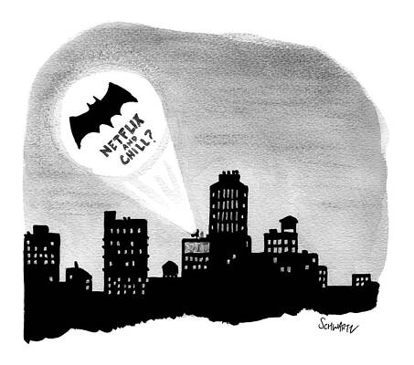 Batman Wall Art featuring the drawing The Bat Signal Says Netflix And Chill? by Benjamin Schwartz
