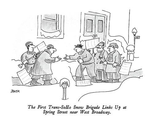 Near Wall Art featuring the drawing The First Trans-soho Snow Brigade Links by Jack Ziegler