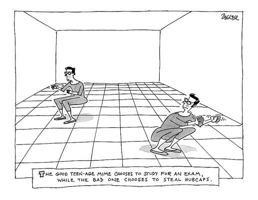 Teen Wall Art featuring the drawing 'the Good Teen-age Mime Chooses To Study For An by Jack Ziegler