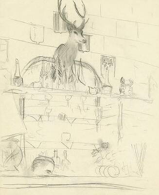 Rustic Tavern Interior Sketch Wall Art