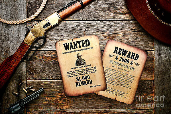 Vintage Western Wanted Poster and Rifle Photograph
