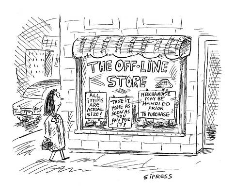 Display Wall Art featuring the drawing The Off-line Store by David Sipress