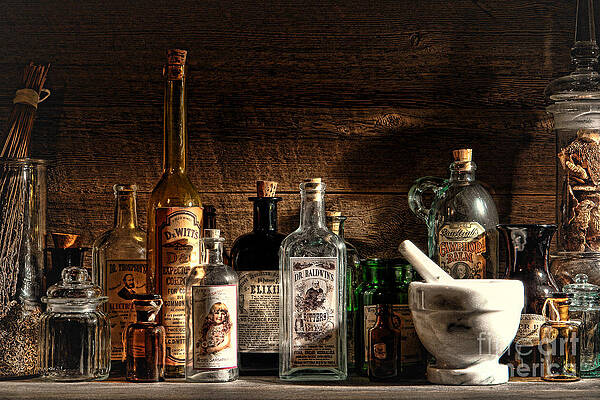 Vintage Apothecary Bottles on Wooden Shelf Photograph