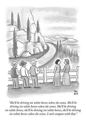 Round Drawing - Three Frontiersmen And Two Women Watch A Mountain by Paul Noth