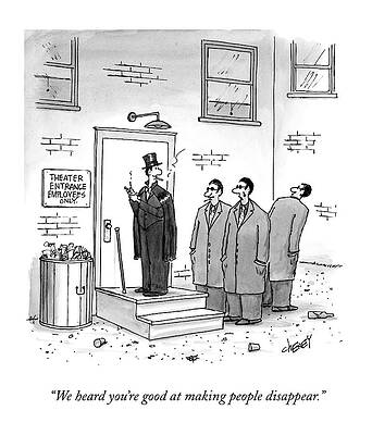 Wall Art featuring the drawing Three Mobsters Speak To A Magician by Tom Cheney