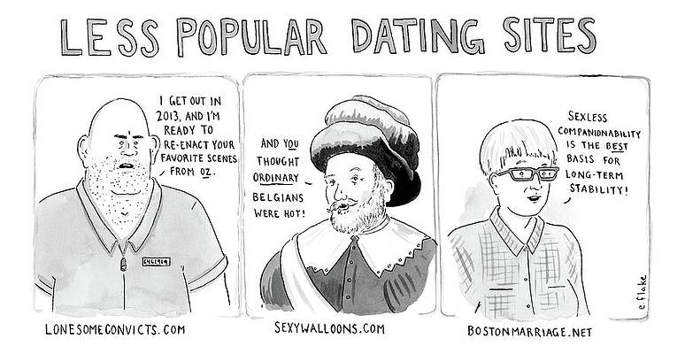 Three Panel Cartoon Of Online Dating Profiles Print