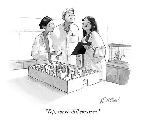 Lab Wall Art featuring the drawing Three Scientists Examine A Clipboard Above A Maze by Will McPhail