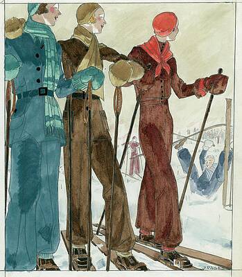 Winter Digital Art - Three Women On The Ski Slopes Wearing Suits by Jean Pages