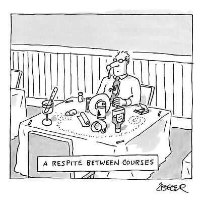 Nose Drawing - Title: A Respite Between Courses. A Man Sits by Jack Ziegler