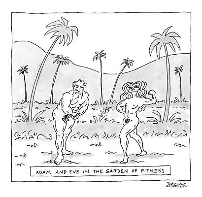 Adam Wall Art featuring the drawing Title: Adam And Eve In The Garden Of Fitness by Jack Ziegler