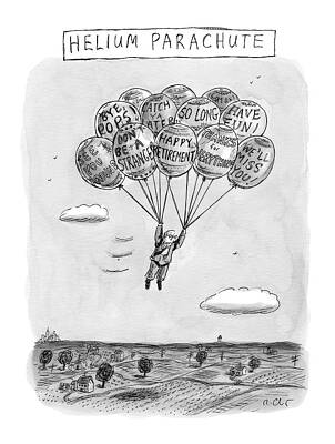 Celebration Wall Art featuring the drawing Title: Helium Parachute 
A Sad Man Floats by Roz Chast