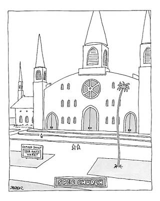 Church Wall Art featuring the drawing Title: Spec Church. A Billboard Outside A Church by Jack Ziegler
