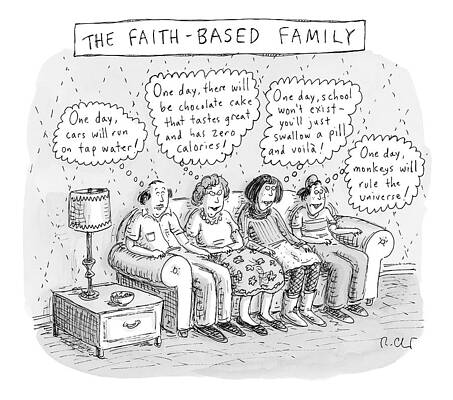 Monkey Drawing - Title: The Faith-based Family. A Family Sits by Roz Chast