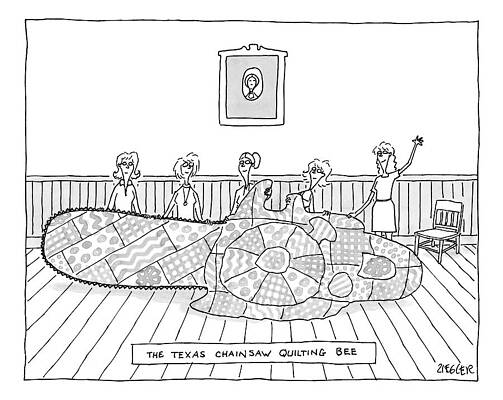 Bee Wall Art featuring the drawing Title: The Texas Chainsaw Quilting Bee.a Group by Jack Ziegler