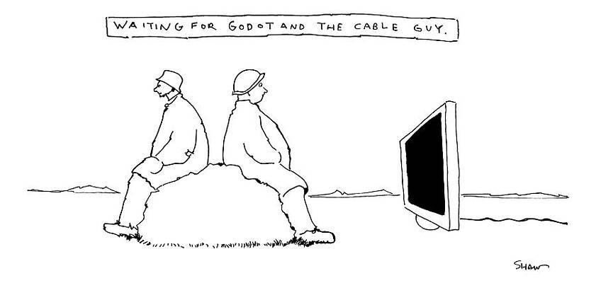 Tv Wall Art featuring the drawing Title: Waiting For Godot And The Cable Guy. Two by Michael Shaw