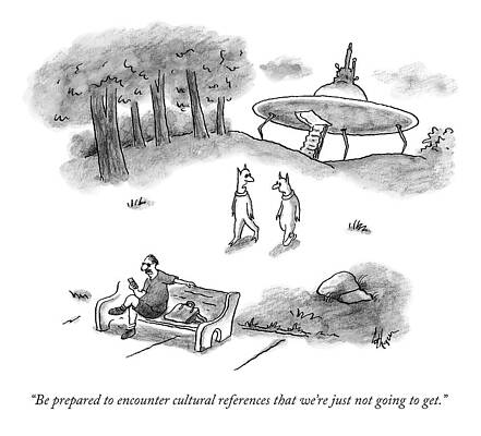 Alien Wall Art featuring the drawing Two Aliens Approach A Man On A Park Bench by Frank Cotham