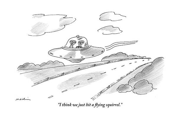 Alien Wall Art featuring the drawing Two Aliens Fly A Saucer Down A Highway by Michael Maslin