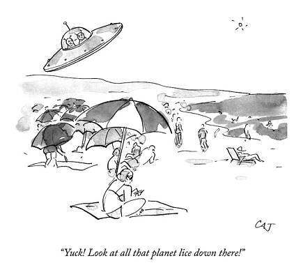 Alien Wall Art featuring the drawing Two Aliens In A Flying Saucer Pass A Beach by Carolita Johnson