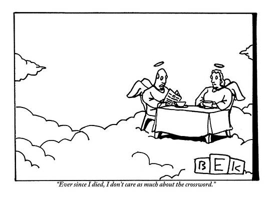 Heaven Wall Art featuring the drawing Two Angels Are Seen Sitting At A Table by Bruce Eric Kaplan