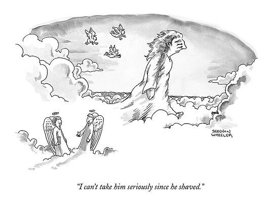 Heaven Wall Art featuring the drawing Two Angels Standing In Heaven Speak To Each by Shannon Wheeler