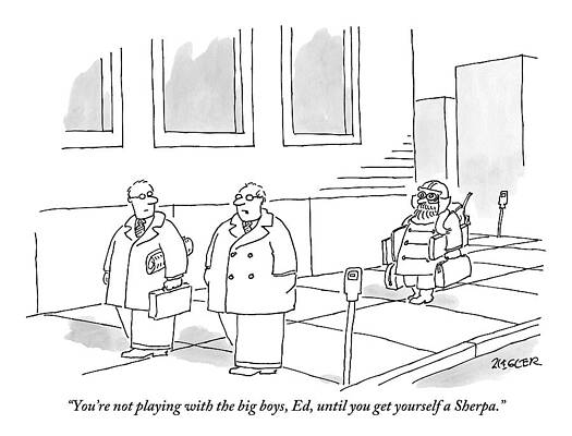 People Drawing - Two Businessmen Talk As A Sherpa Carrying Many by Jack Ziegler