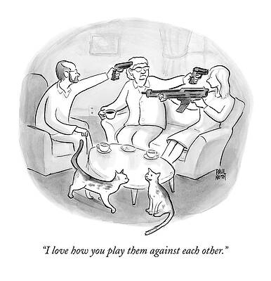 Gun Drawing - Two Cats Are Seen Speaking With Each Other Next by Paul Noth