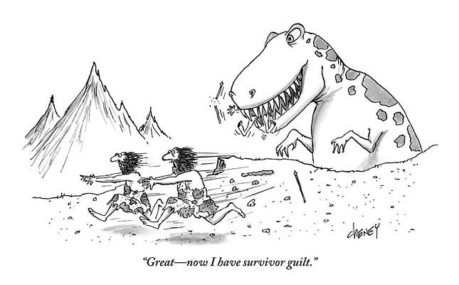 Dinosaurs Wall Art featuring the drawing Two Cavemen Are Seen Talking As They Run Away by Tom Cheney