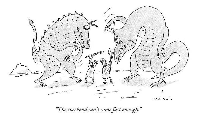 Dinosaurs Wall Art featuring the drawing Two Cavemen Fight Dinosaurs by Michael Maslin