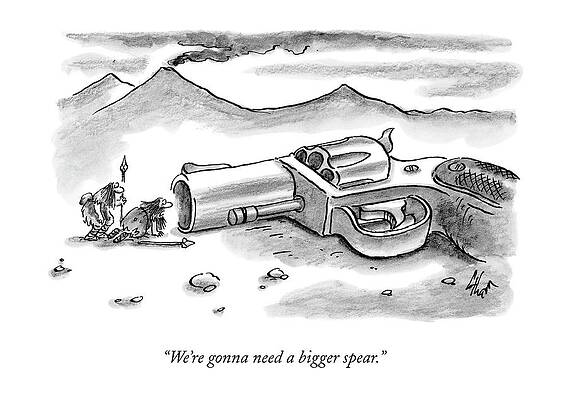 Gun Drawing - Two Cavemen Looking Into The Barrel Of An by Frank Cotham