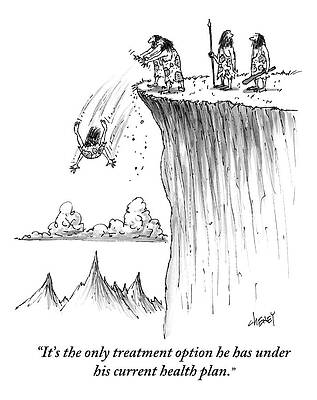 Wall Art featuring the drawing Two Cavemen Push A Caveman Off A Cliff by Tom Cheney