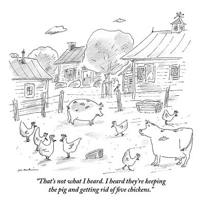 Farm Wall Art featuring the drawing Two Chickens Talk On A Farm by Michael Maslin