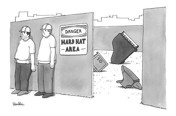 Construction Drawing - Two Construction Workers Stand Near A Hard Hat by Charlie Hankin