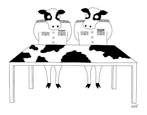 Cow Wall Art featuring the drawing Two Cows In Military Dress Looking At A Map Table by Seth Fleishman
