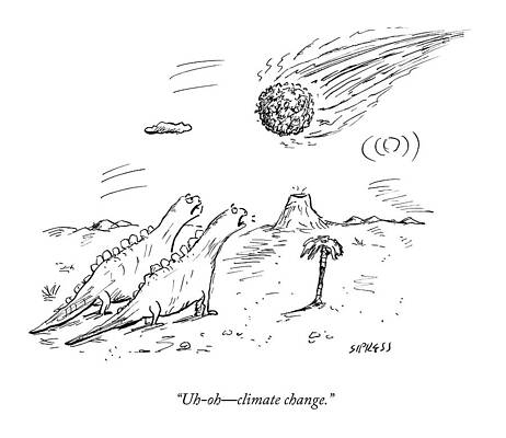 Dinosaurs Wall Art featuring the drawing Two Dinosaurs Look At A Fast-approaching Meteor by David Sipress