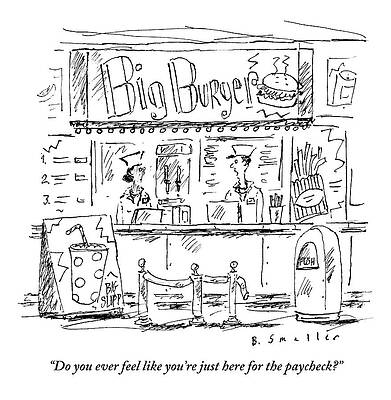 Fast Drawing - Two Employees Converse Within A Hamburger Stand by Barbara Smaller