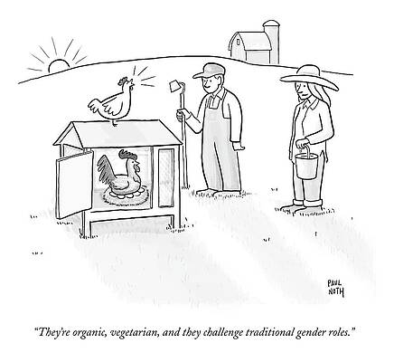 Organic Wall Art featuring the drawing Two Farmers Observe A Rooster Warming The Eggs by Paul Noth