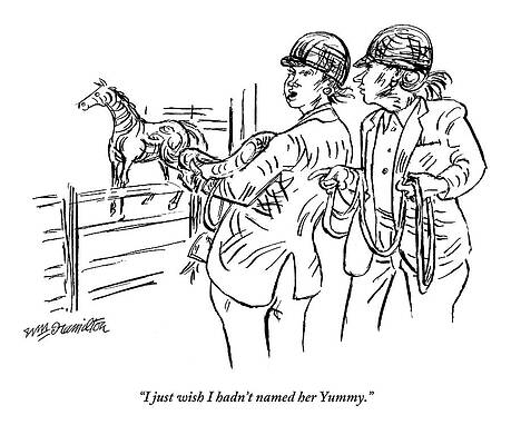 Name Wall Art featuring the drawing Two Female Horseback Riders Talking About A Horse by William Hamilton