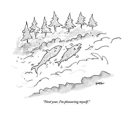 Swim Wall Art featuring the drawing Two Fish Are Talking As They Swim Upstream by Ken Krimstein