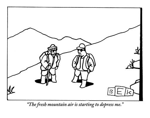 Hiking Drawing - Two Hikers Are Talking To Each Other Outdoors by Bruce Eric Kaplan