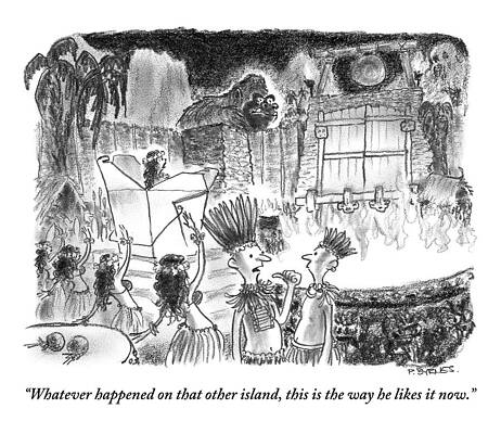 Native Drawing - Two Islanders Chat As King Kong Approaches by Pat Byrnes