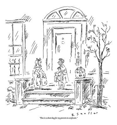 Halloween Wall Art featuring the drawing Two Kids In Costume On Halloween.  One Has Two by Barbara Smaller