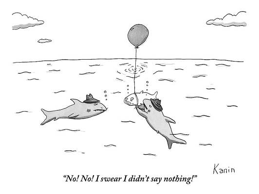 Balloon Wall Art featuring the drawing Two Mafioso-type Sharks Tie A Balloon To Another by Zachary Kanin