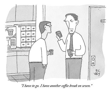 Break Wall Art featuring the drawing Two Men Drink Coffee In The Office Break Room by Peter C. Vey