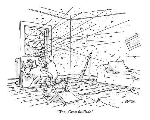 Gun Drawing - Two Men Holding Guns Duck Behind An Overturned by Jack Ziegler