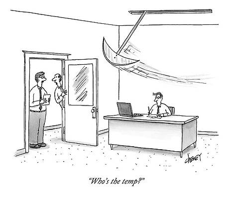 Wall Art featuring the drawing Two Men Look In On A Man Working In His Office by Tom Cheney