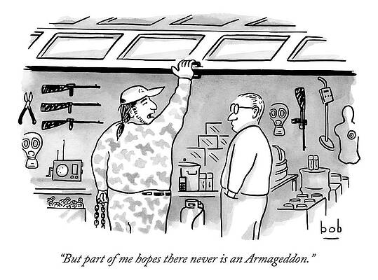 Gun Drawing - Two Men, One Is Lifting A Garage Door by Bob Eckstein