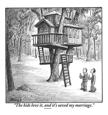 Construction Drawing - Two Men With Beers Are Seen Walking Towards by Harry Bliss