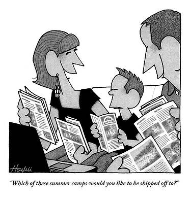 Summer Drawing - Two Parents And Their Son Sit On A Couch. Each by William Haefeli