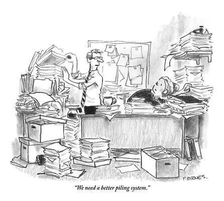 Office Chaos with Piles of Paperwork Drawing