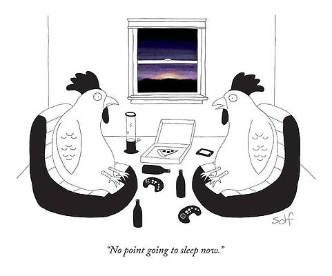 Sunrise Wall Art featuring the drawing Two Roosters Seeing A Sunrise Out Their Window by Seth Fleishman